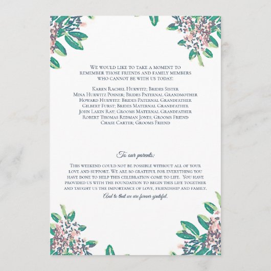 Hochzeitsprogramm für Julia und Andrew Programm (Rückseite)