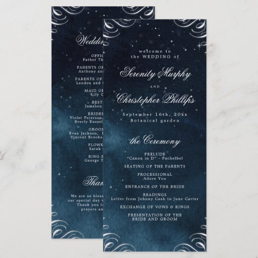 Hochzeitsprogramm für klassische Navy-Silver-Kalli Menükarte (Vorne/Hinten)