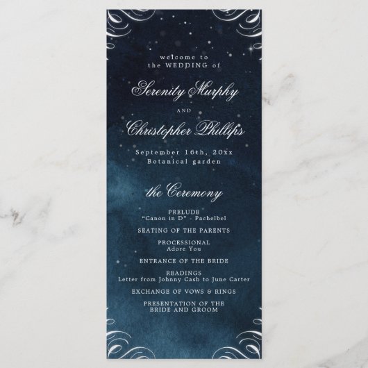 Hochzeitsprogramm für klassische Navy-Silver-Kalli Menükarte (Vorderseite)