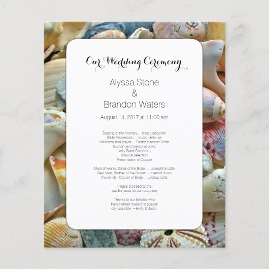 Hochzeitsprogramm für kleine Hochzeiten am Strand (Vorderseite)