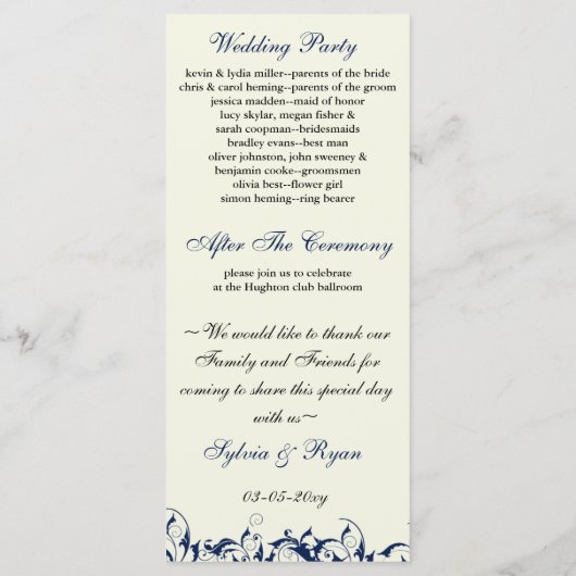 Hochzeitsprogramm für Königsblau und Elfenbeinkühe Programm (Rückseite)