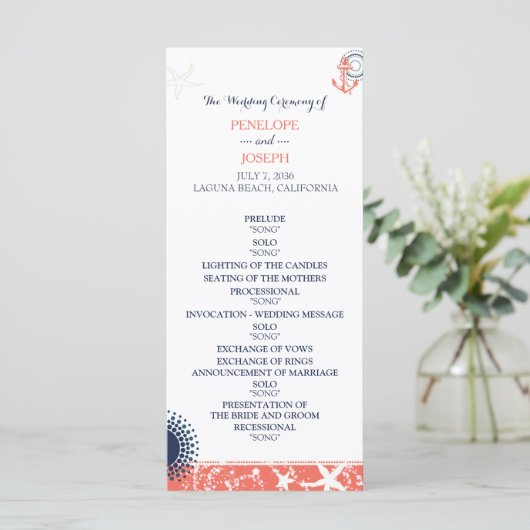 Hochzeitsprogramm für Korallen und Navy Programm (Stehend Vorderseite)