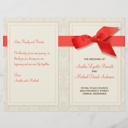 Hochzeitsprogramm für Korallen und Taupe Damask (Vorderseite)