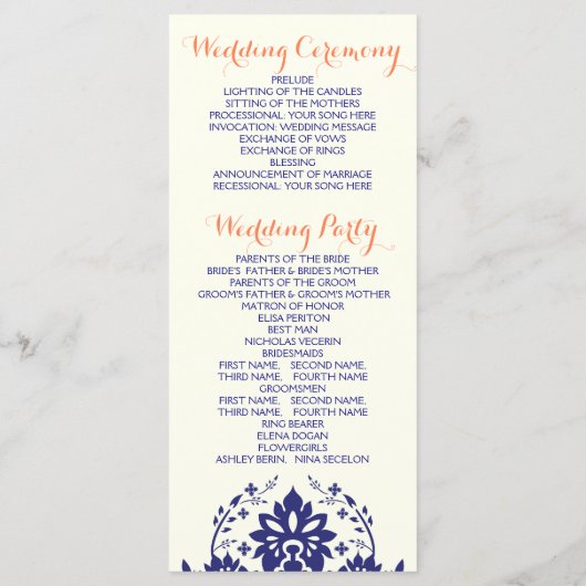 Hochzeitsprogramm für Korallenbäume in Blau Programm (Rückseite)