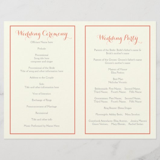 Hochzeitsprogramm für Korallenwaldkränze (Rückseite)