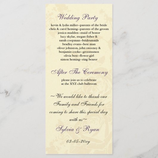 Hochzeitsprogramm für Krüge und lila Rose Programm (Rückseite)