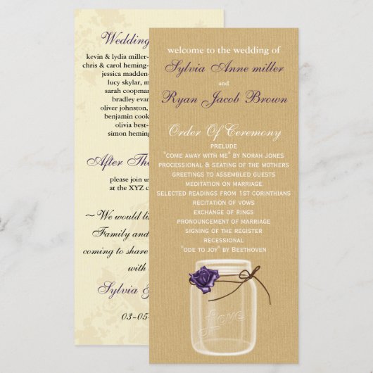 Hochzeitsprogramm für Krüge und lila Rose Programm (Vorne/Hinten)