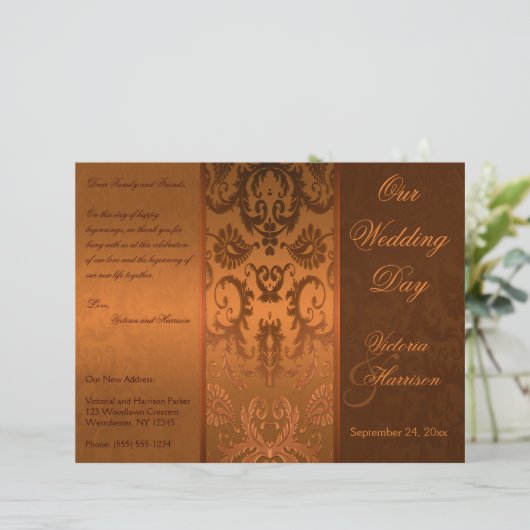 Hochzeitsprogramm für Kupfer und Braunen Damast (Stehend Vorderseite)