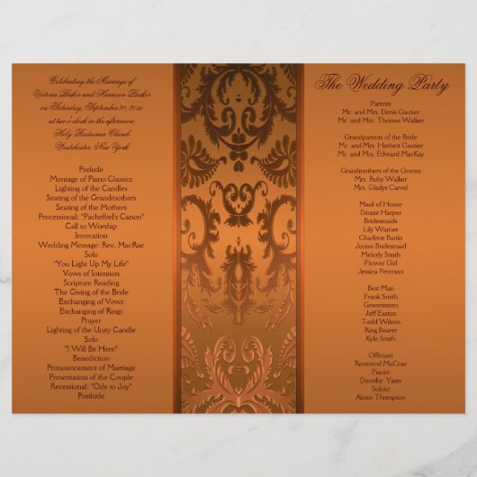 Hochzeitsprogramm für Kupfer und Braunen Damast (Rückseite)