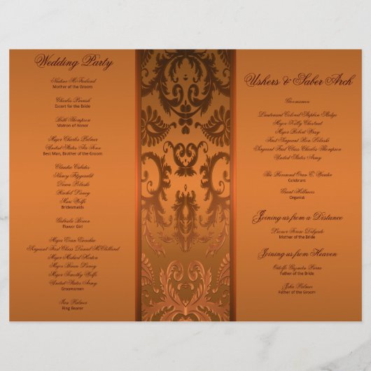 Hochzeitsprogramm für Kupfer und Braunen Damast (Rückseite)