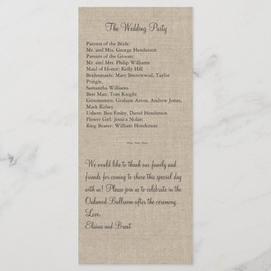 Hochzeitsprogramm für Lace Butterflies auf Burlap  Programm (Rückseite)