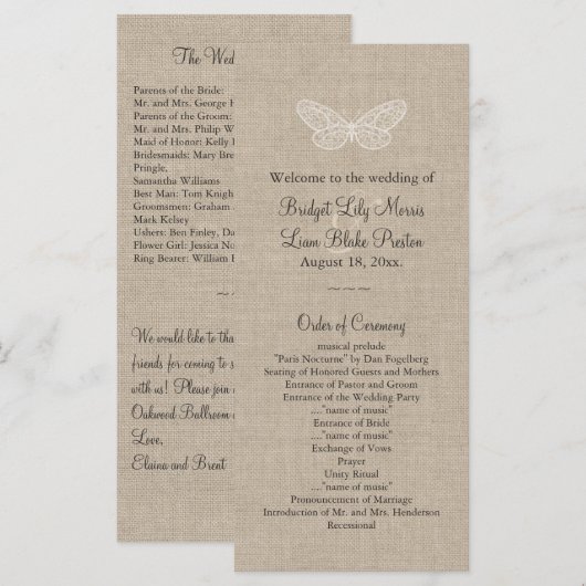 Hochzeitsprogramm für Lace Butterflies auf Burlap  Programm (Vorne/Hinten)