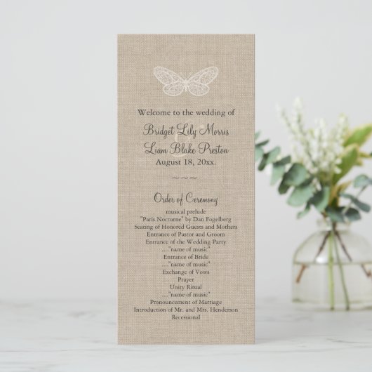 Hochzeitsprogramm für Lace Butterflies auf Burlap  Programm (Stehend Vorderseite)