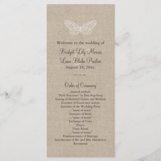 Hochzeitsprogramm für Lace Butterflies auf Burlap  Programm (Vorderseite)