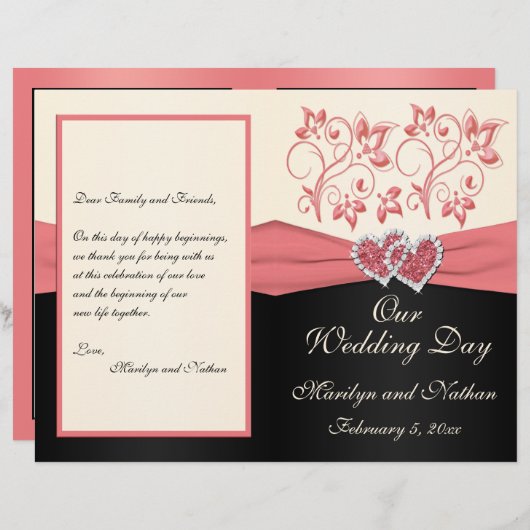 Hochzeitsprogramm für Lachs, Creme und Schwarze Fl (Vorne/Hinten)