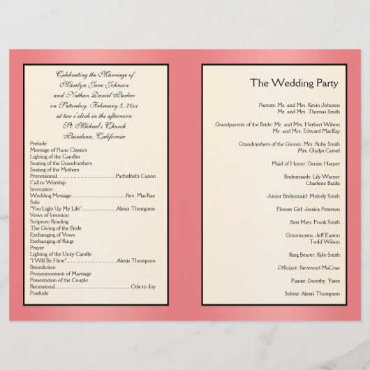 Hochzeitsprogramm für Lachs, Creme und Schwarze Fl (Rückseite)