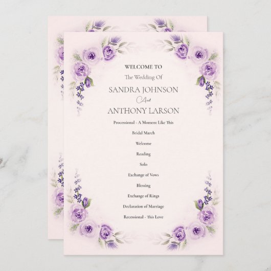 Hochzeitsprogramm für Lavendel und Blush Rose Programm (Vorne/Hinten)