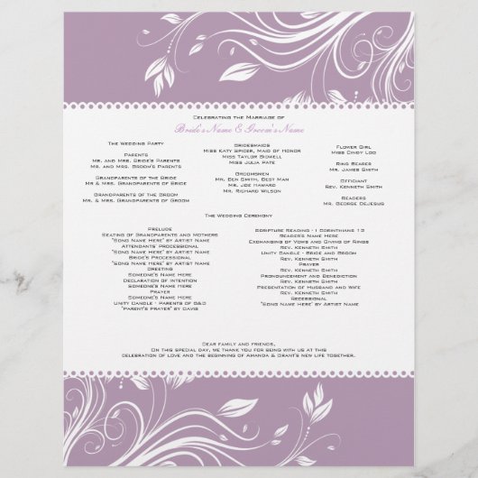 Hochzeitsprogramm für Lavendel- und Weiße Wirbel (Vorderseite)