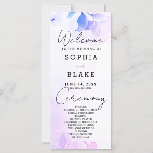 Hochzeitsprogramm für lila Blätter und Blume (Vorderseite)