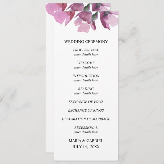 Hochzeitsprogramm für lila Blumenbeete Einladung (Vorne/Hinten)