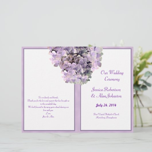 Hochzeitsprogramm für lila Hydrangea-Vorlagen (Stehend Vorderseite)