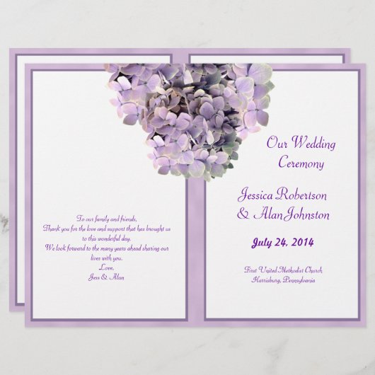 Hochzeitsprogramm für lila Hydrangea-Vorlagen (Vorne/Hinten)