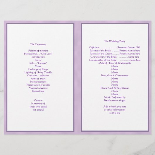 Hochzeitsprogramm für lila Hydrangea-Vorlagen (Rückseite)