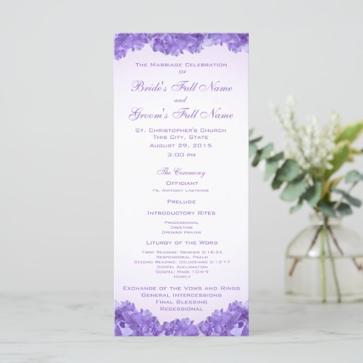 Hochzeitsprogramm für lila Hydrangeas Programm (Stehend Vorderseite)