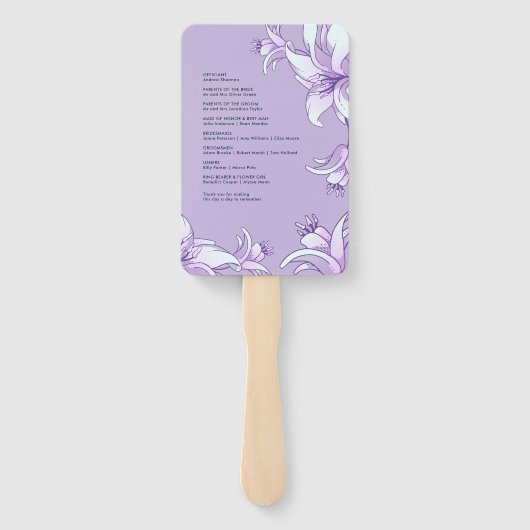 Hochzeitsprogramm für lila Lily Blume Fächer (Rückseite)