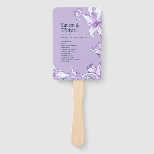 Hochzeitsprogramm für lila Lily Blume Fächer (Vorderseite)