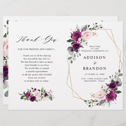 Hochzeitsprogramm für lila Pflaumenrosen (Vorne/Hinten)