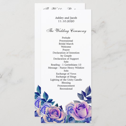 Hochzeitsprogramm für lila Rose. Blumenzeremonie Programm (Vorne/Hinten)