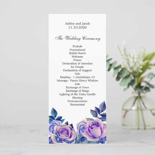 Hochzeitsprogramm für lila Rose. Blumenzeremonie Programm (Stehend Vorderseite)