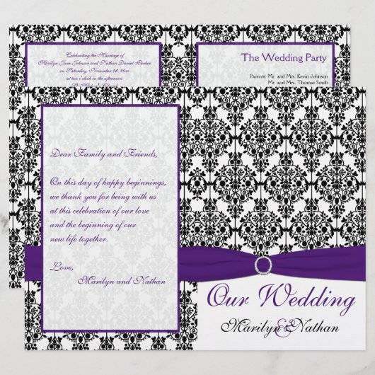 Hochzeitsprogramm für lila, schwarze und weiße Dam (Vorne/Hinten)