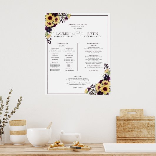 Hochzeitsprogramm für Lila Sonnenblumen Poster (Küche)
