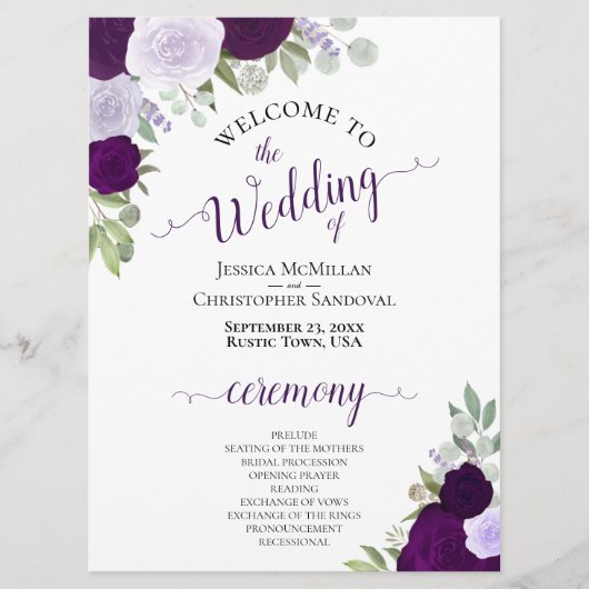 Hochzeitsprogramm für lila und geblähte Blumen Einladung (Vorderseite)