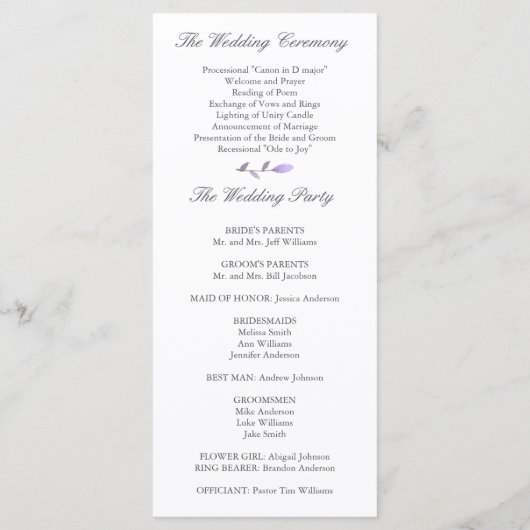 Hochzeitsprogramm für lila und graue Wasserfarben Programm (Rückseite)