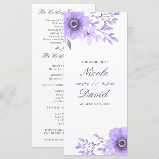 Hochzeitsprogramm für lila und graue Wasserfarben Programm (Vorne/Hinten)