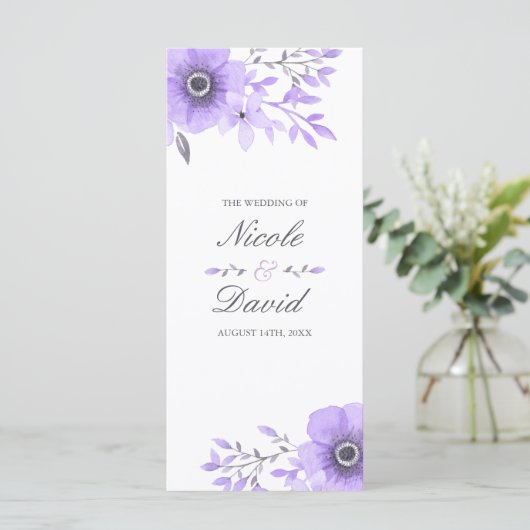 Hochzeitsprogramm für lila und graue Wasserfarben Programm (Stehend Vorderseite)