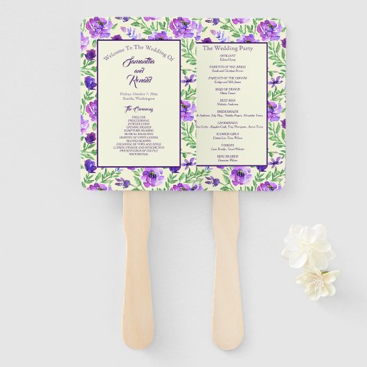 Hochzeitsprogramm für lila und grüne Flora Fächer (Vorne und Hinten)