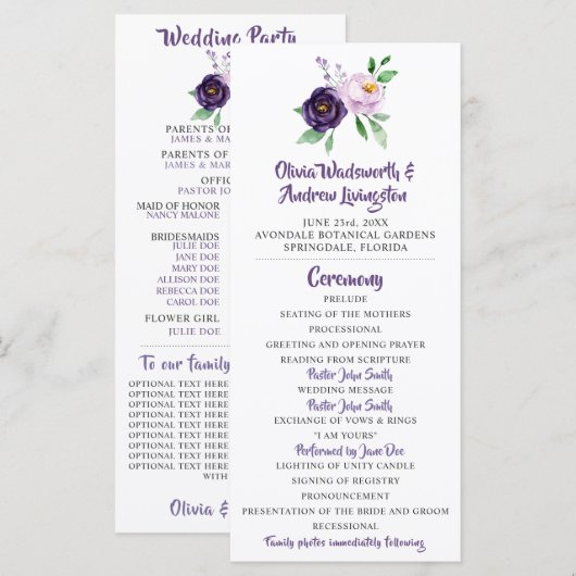 Hochzeitsprogramm für lila und Lavendel Programm (Vorne/Hinten)