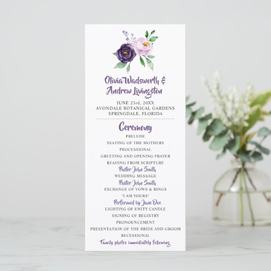 Hochzeitsprogramm für lila und Lavendel Programm (Stehend Vorderseite)