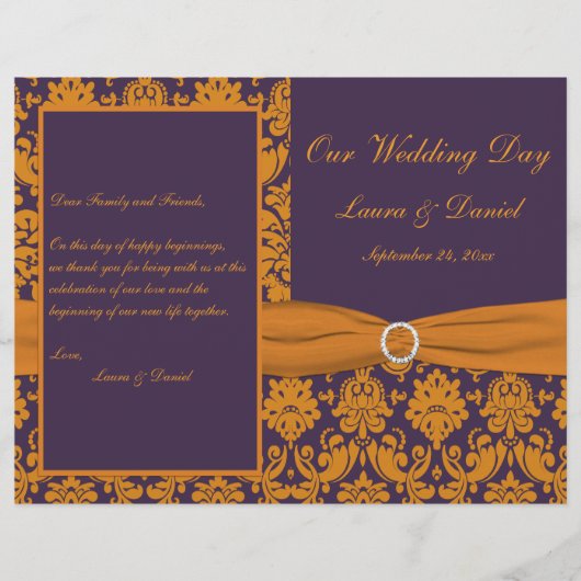 Hochzeitsprogramm für lila und orangefarbene Damas (Vorderseite)