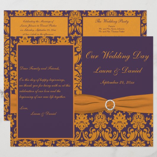 Hochzeitsprogramm für lila und orangefarbene Damas (Vorne/Hinten)