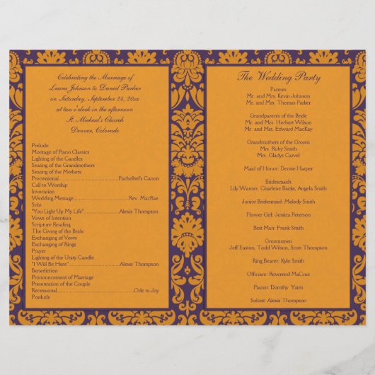 Hochzeitsprogramm für lila und orangefarbene Damas (Rückseite)