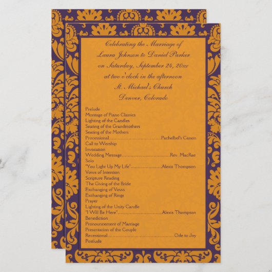 Hochzeitsprogramm für lila und orangefarbene Damas (Vorne/Hinten)