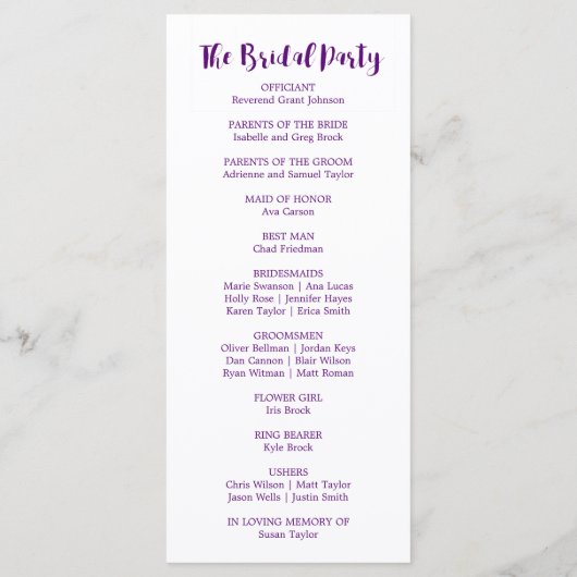 Hochzeitsprogramm für lila und rosa Blume Programm (Rückseite)