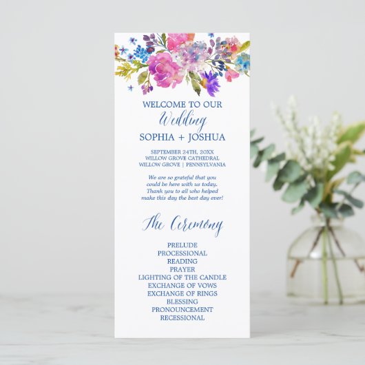 Hochzeitsprogramm für lila und rosa Blume Programm (Stehend Vorderseite)