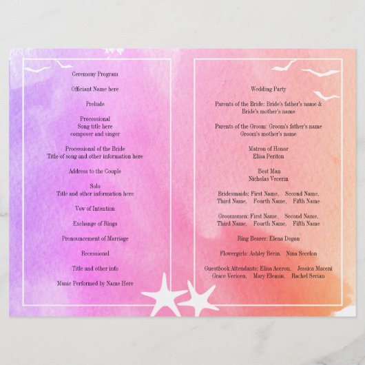 Hochzeitsprogramm für lila und rosa Wasserfarben (Rückseite)