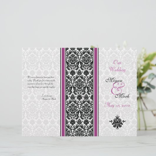 Hochzeitsprogramm für lila und schwarze Damasken (Stehend Vorderseite)